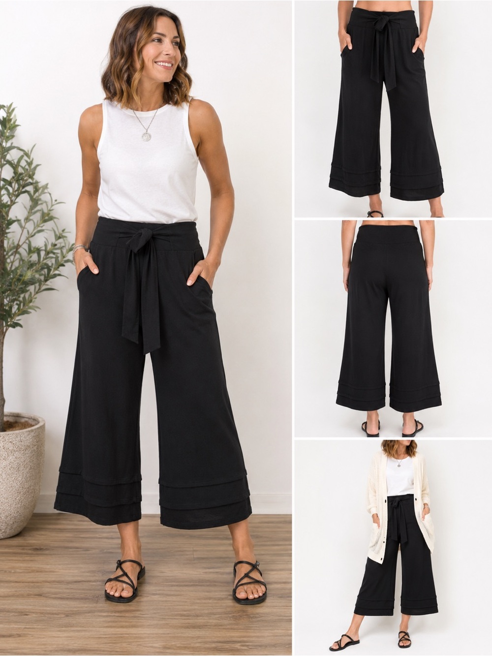 Effie’s Heart Black Wide Leg Cropped Tie Waist Pants Small Cotton Blend